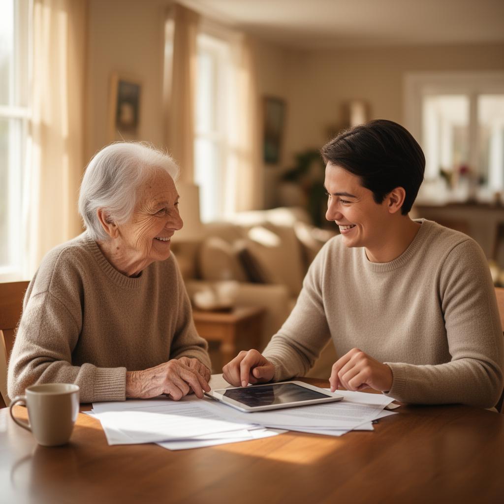 A care advisor and a senior smiling together at a home dining table